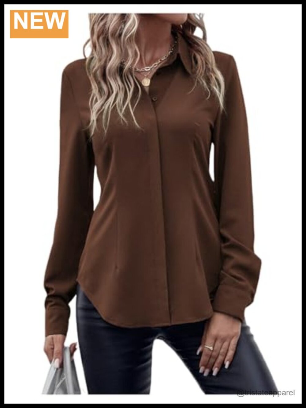 Women's Long Sleeve Button Down Collared Work Blouse Curved Hem